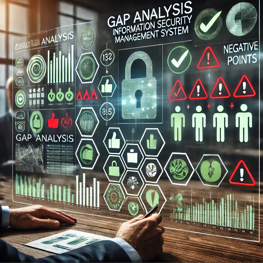 A business analysis scene showing a gap analysis for an Information Security Management System (ISMS). The image includes a digital dashboard displayi