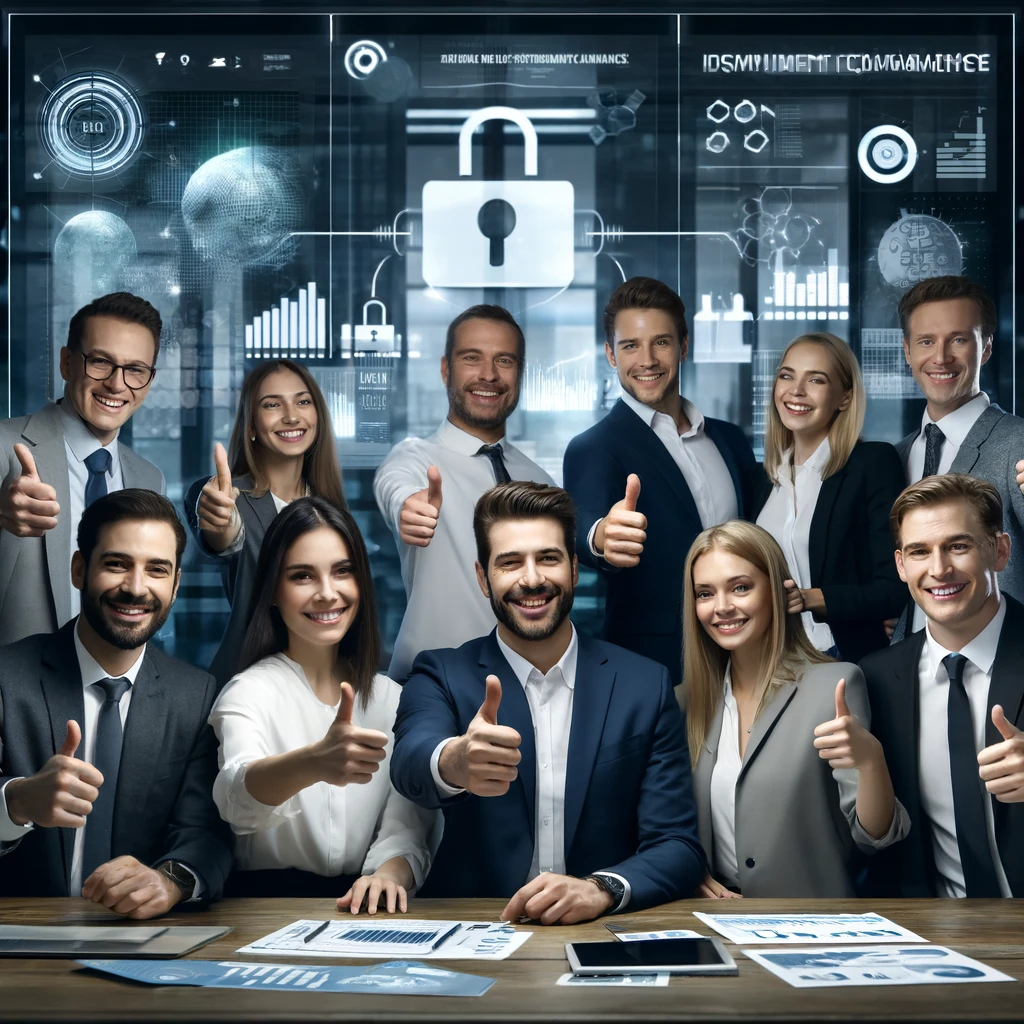 A group of business professionals in a modern office setting, celebrating the achievement of a solution for information security management compliance